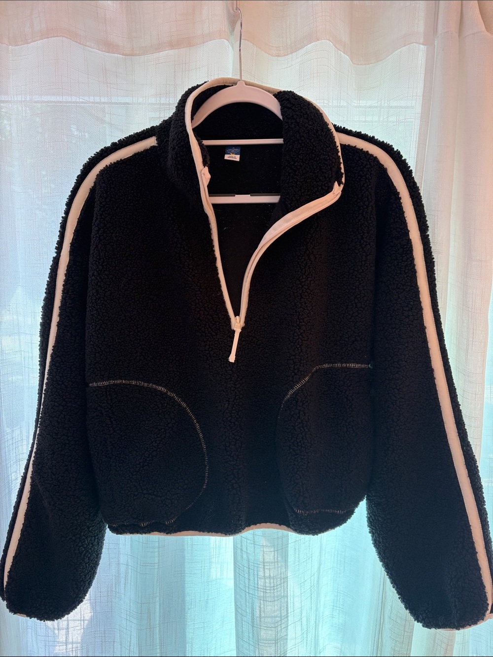 Old Navy Black Teddy Half-Zip Jacket with White Trim